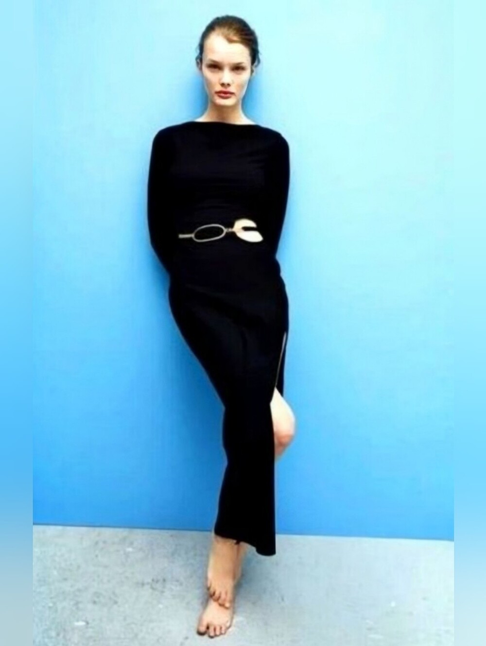 ZARA Black Wool Blend Bodycon Maxi Dress with cutouts and gold belt Size XL